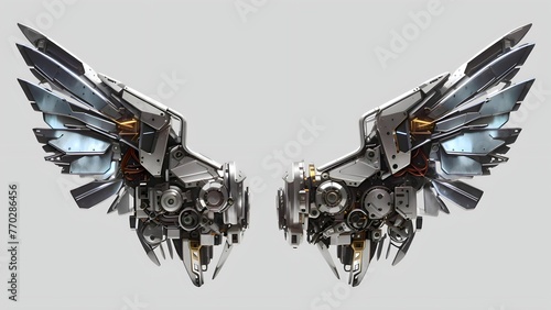 A pair of cyber punk mechanical robots metal wings isolated on white background photo