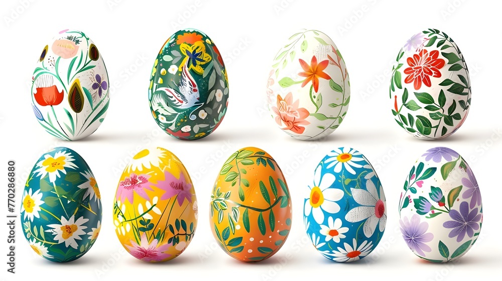 Collection of colourful hand painted decorated easter eggs on transparent background cutout, PNG file. Pattern and floral set. Many different design. Mockup template for artwork design 