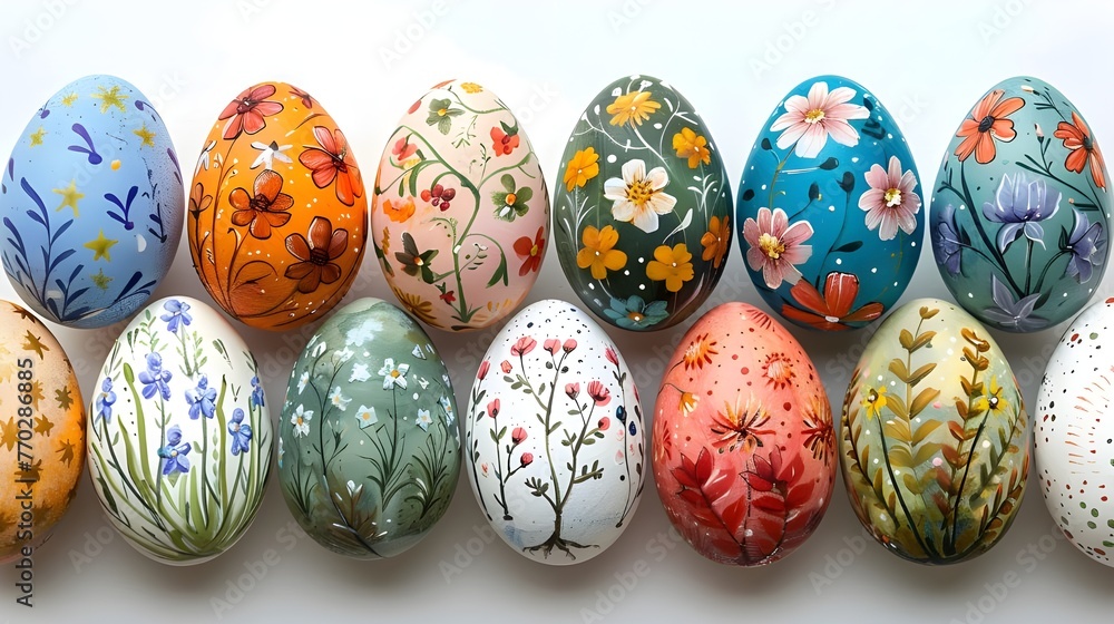 Collection of colourful hand painted decorated easter eggs on transparent background cutout, PNG file. Pattern and floral set. Many different design. Mockup template for artwork design ai generated 