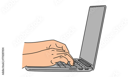 line art color of hands operating a computer
