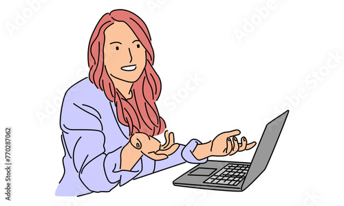 line art color of businesswoman with laptop