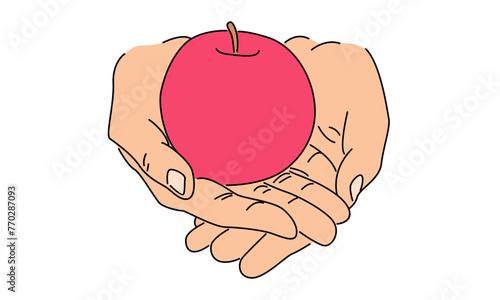 line art color of hand holding apple fruit vector illustration