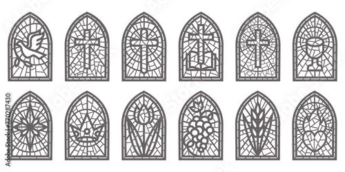Church glass windows. Stained mosaic catholic and christian frames with cross. Vector gothic medieval outline arches isolated on white background