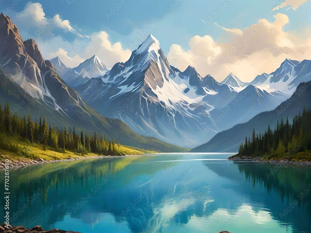 Snowy Mountain Peaks with Lake and Pine Forest with Clouds Painting Illustration