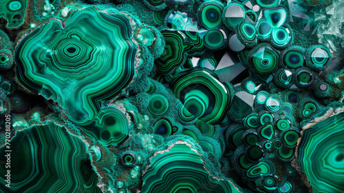 Spectacular detailed shot capturing the intricate geological patterns and vibrant green hues of malachite mineral stone formations photo