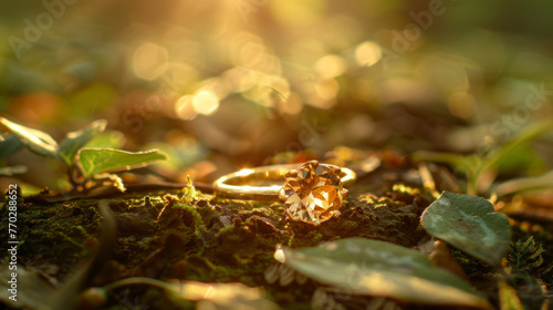 A radiant engagement ring lies amidst leaves on a forest floor, illuminated by a warm, golden sunlight © road to millionaire