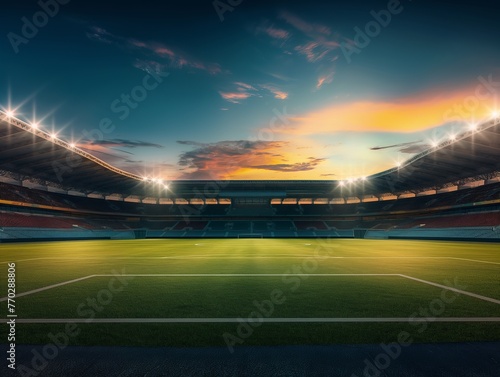 The sun sets with vibrant colors above an empty soccer stadium, casting a warm glow across the field.