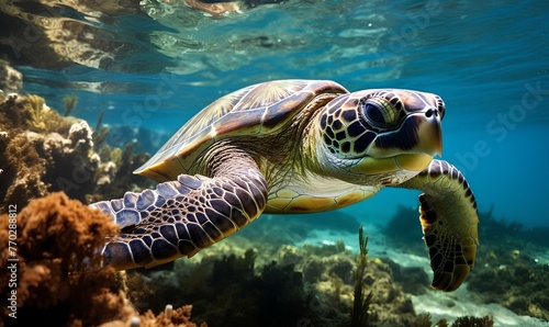 Green sea turtle swimming in the coral reef. Underwater photo