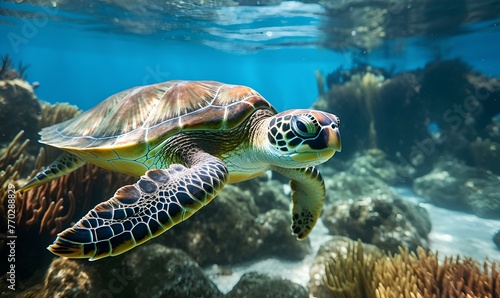 Green sea turtle swimming in the coral reef. Underwater photo © Ilham