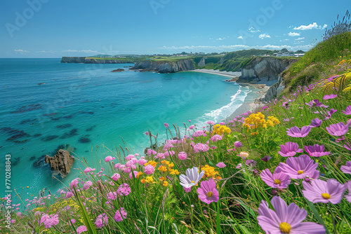 Beach and flowers, Beautiful view. Created with Ai