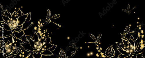 Golden botany banner.Japanese style Hand drawn vector . Line art style design. Concept traditional Asian.Golden botany. Japanese luxury gold banner .