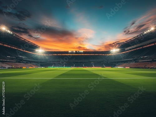 Lush green soccer field with stadium seats and vibrant sunset sky