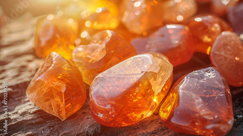 Translucent carnelian stones glow radiantly as sunlight filters through, atop a wooden surface photo