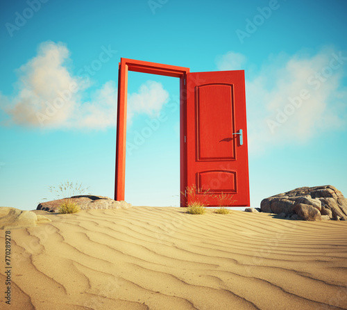 Opened door in the desert. Escape concept.