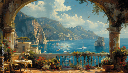  A picturesque view of the Amalfi Coast from an archway, overlooking a vast sea with boats and cliffs in the background. Created with Ai
