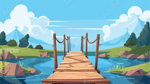 Timber bridge with rope railings. Small wooden foot