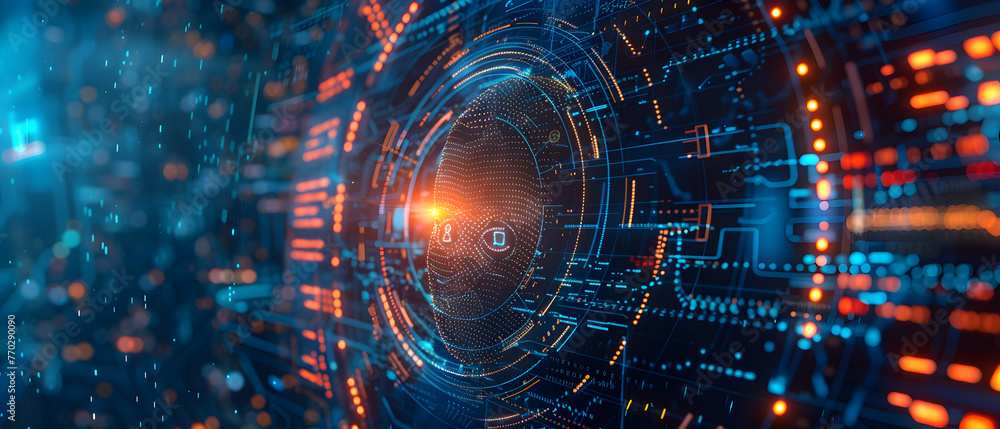 Fototapeta premium Advanced digital eye scanning system concept. Biometric security verification interface. Futuristic access control technology design for poster, security system interface background.