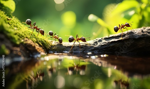 ant in the forest. 3d render concept of teamwork and teamwork