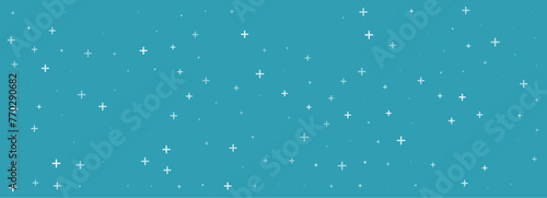 White plus symbols of different sizes and opacity on blue background. Abstract pattern of medical cross or mathematical plus pictogram. Vector illustration on cyan background with stars. © A_Y_N