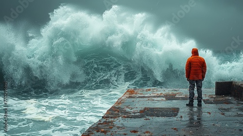 man on the pier huge waves photo
