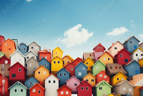 Colorful miniature houses on blue sky background. Urban city