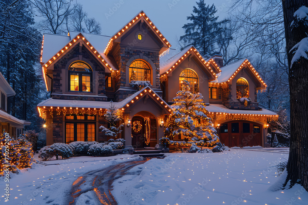 A large, twostory house with Christmas lights wrapped around the roof and windows is decorated for winter in front of it there's snow on the ground. Created with Ai