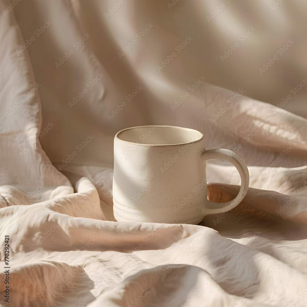 A minimalist ceramic mug on a wavy fabric background, with natural light casting subtle shadows and creating a tranquil atmosphere A minimalist ceramic mug on a wavy fabric background, with natural light casting subtle shadows and creating a tranquil atmosphere