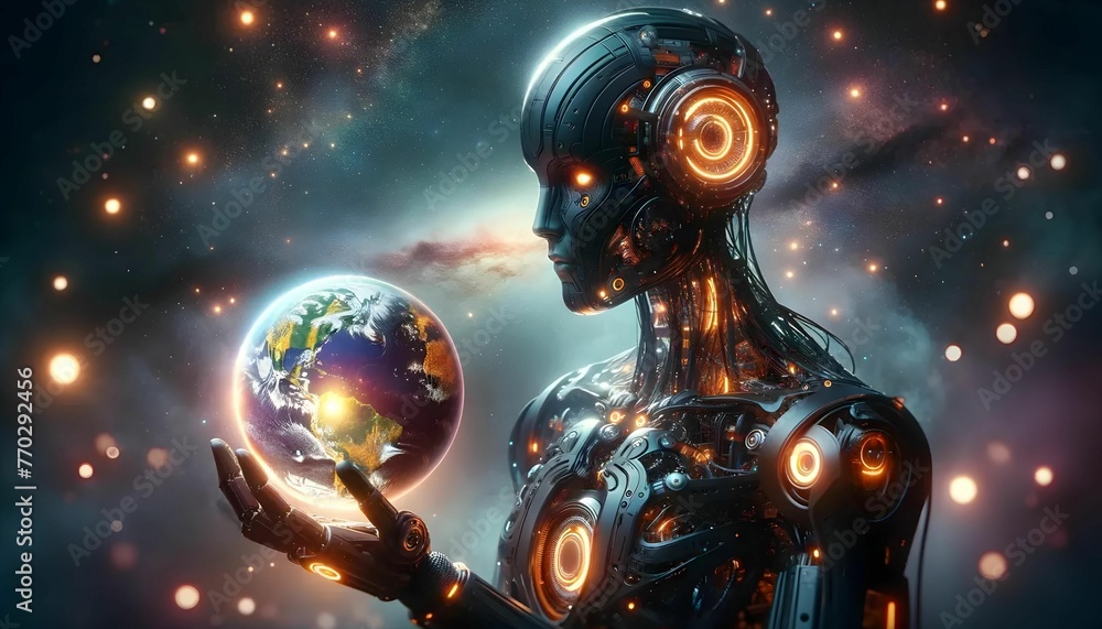 AI robot holding a globe AI robot holding a globe
