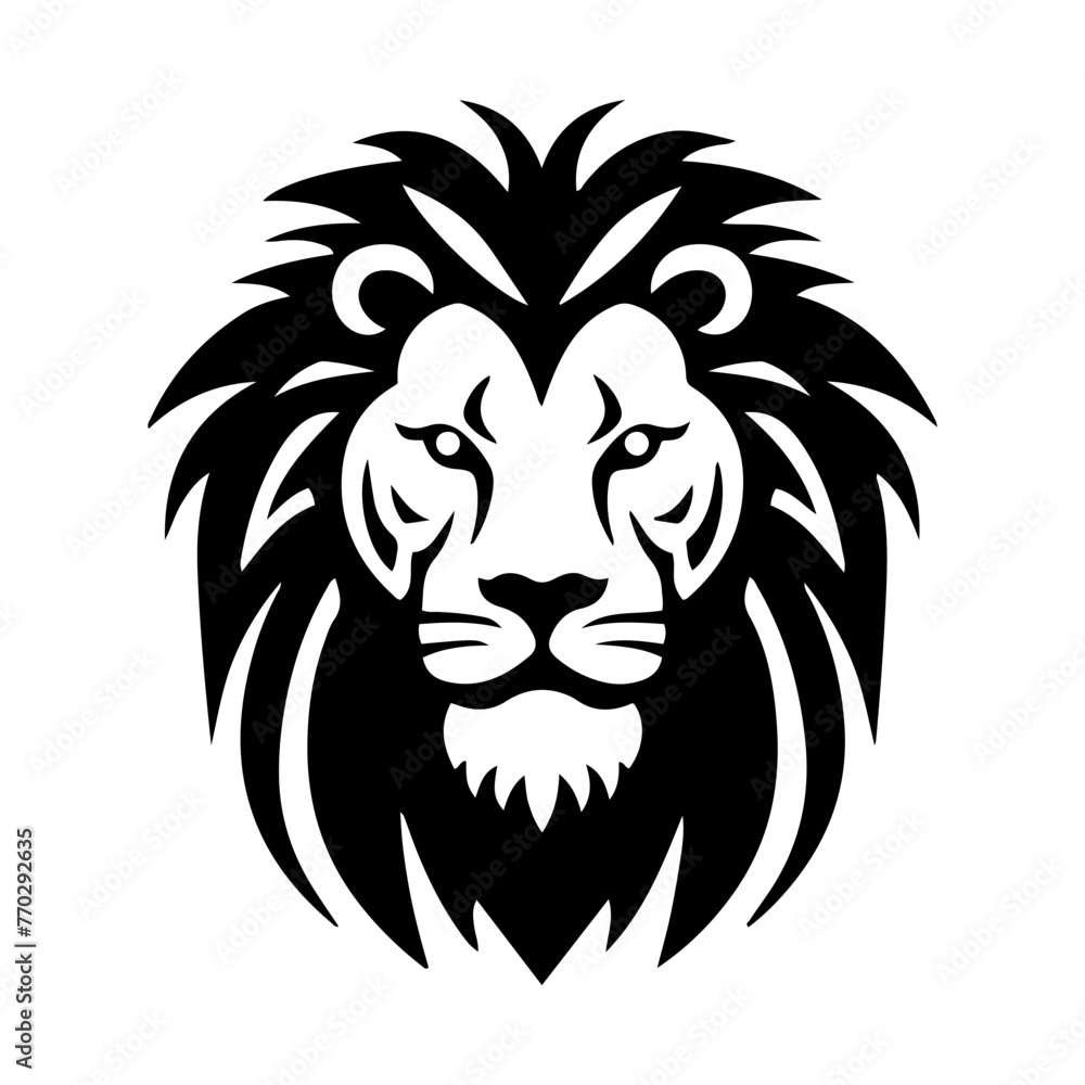 Lion's head, a simple vector image. The muzzle of an animal with a mane. Logo, icon in black and white