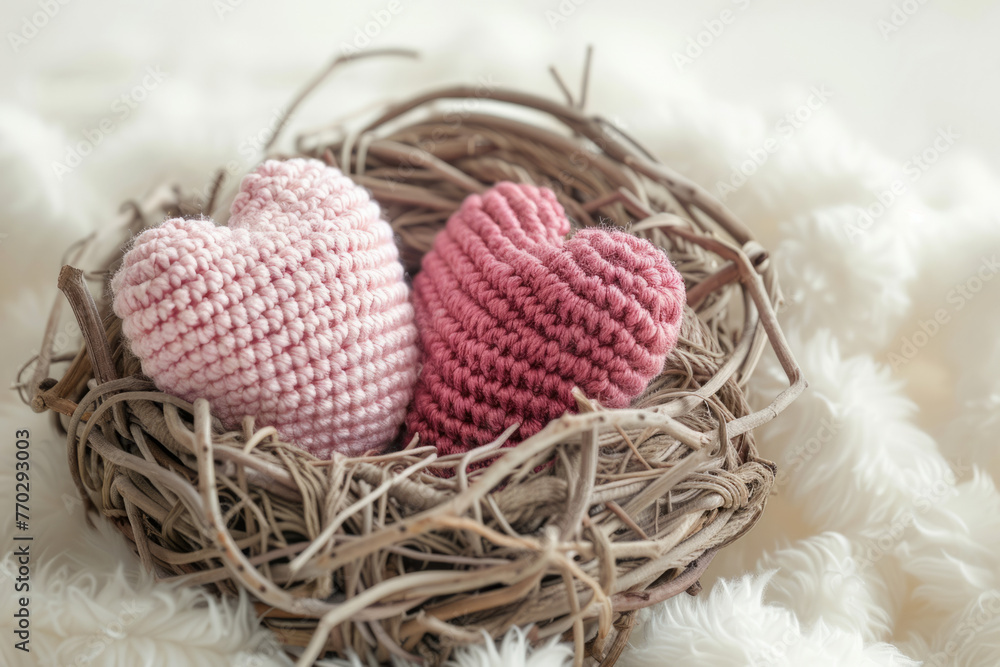 A small cozy nest with two crocheted hearts. Decorations for Valentine’s Day A small cozy nest with two crocheted hearts. Decorations for Valentine’s Day