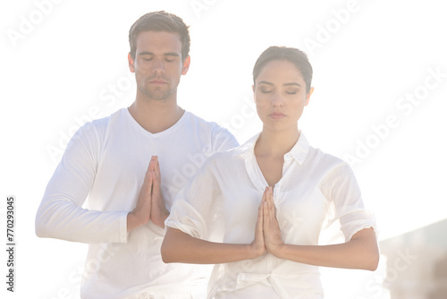 Meditation, prayer pose and couple at yoga retreat with peace, relax and calm mindfulness at outdoor resort. Zen, man and woman together in holistic health, spiritual wellness and namaste with hands