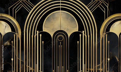 a black and gold art deco design with thin lines and arches, Generative AI 