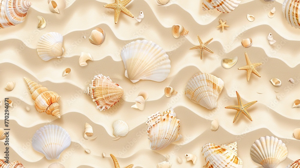 Seamless pattern of sandy beach texture, fine grains and shells for a summer vibe. Seamless Pattern, Fabric Pattern, Tumbler Wrap.