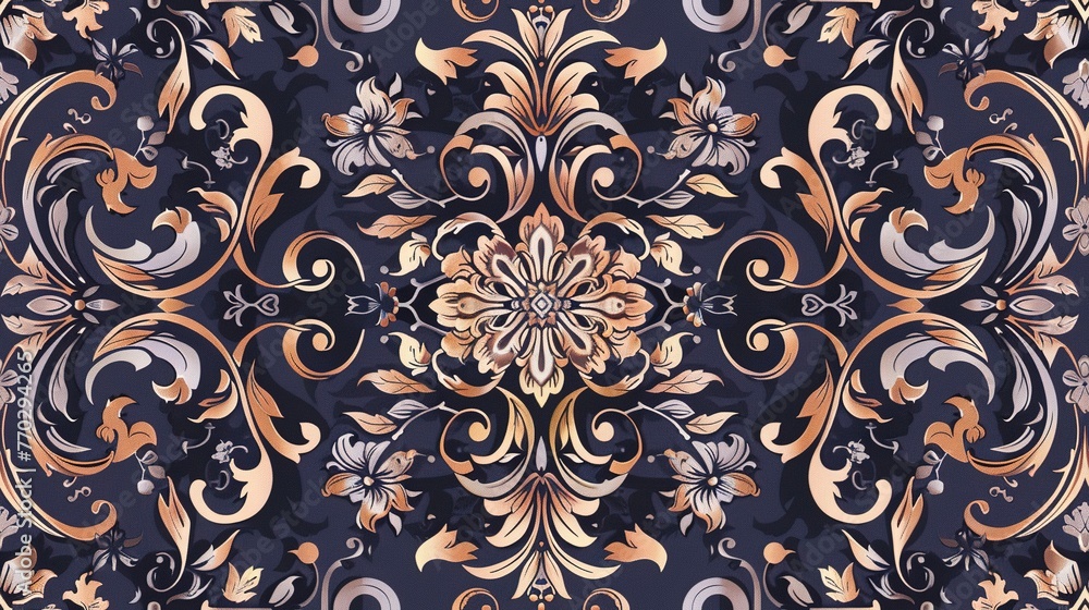 Renaissance-inspired Damask seamless pattern with heraldic symbols and delicate flowers. Seamless Pattern, Fabric Pattern, Tumbler Wrap.
