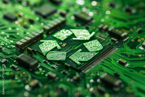 Concept of green technology. Green recycle symbol on a circuit board representing technological innovations. Environmental Green Technology Computer Chip. Green Computing, Green Technology