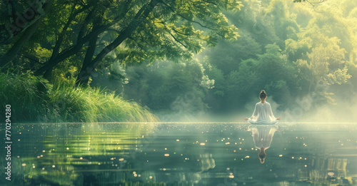 A woman in white meditates on the water, surrounded by green trees and misty rain forest. The scenery is beautiful, with reflections of light and a symmetrical composition