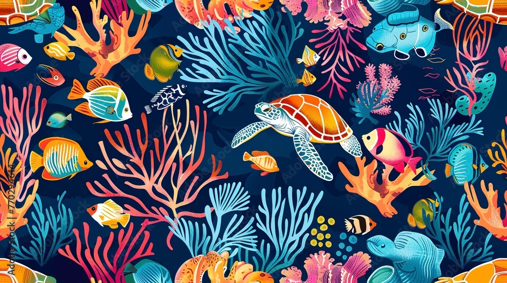Tropical underwater life seamless pattern with colorful coral reefs, fish, and sea turtles. Seamless Pattern, Fabric Pattern, Tumbler Wrap.