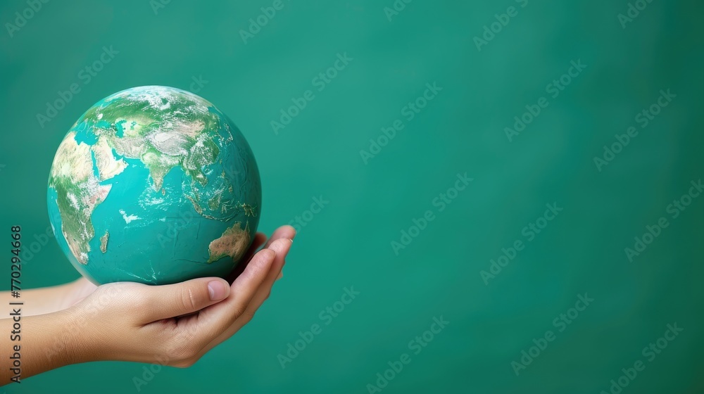 Woman's hand holds blue Earth globe against green backdrop. Ai Generated Woman's hand holds blue Earth globe against green backdrop. Ai Generated
