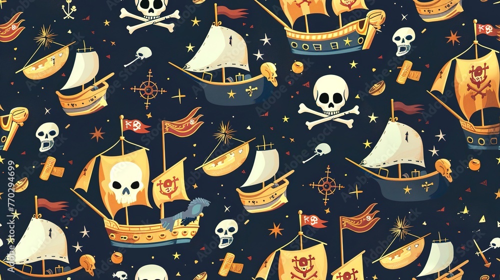 Obraz premium Pirate adventure seamless pattern with treasure chests, pirate ships, and skull flags. Seamless Pattern, Fabric Pattern, Tumbler Wrap.