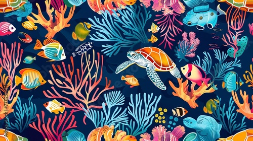Tropical underwater life seamless pattern with colorful coral reefs, fish, and sea turtles. Seamless Pattern, Fabric Pattern, Tumbler Wrap. © Thanthara