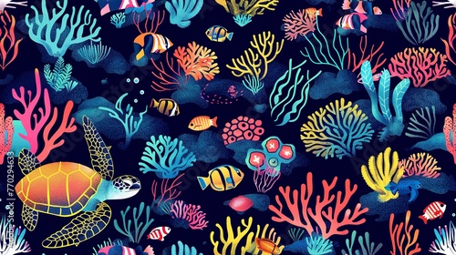 Tropical underwater life seamless pattern with colorful coral reefs, fish, and sea turtles. Seamless Pattern, Fabric Pattern, Tumbler Wrap.