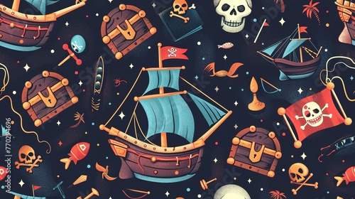 Pirate adventure seamless pattern with treasure chests, pirate ships, and skull flags. Seamless Pattern, Fabric Pattern, Tumbler Wrap. © Thanthara
