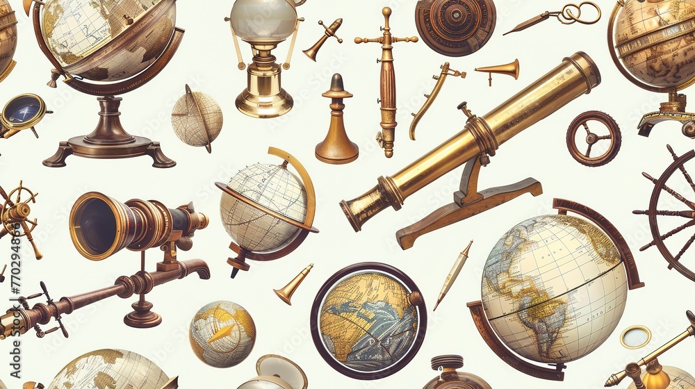 Seamless pattern of marine navigation tools, including sextants, telescopes, and old globes  . Seamless Pattern, Fabric Pattern, Tumbler Wrap. - obrazy, fototapety, plakaty 
