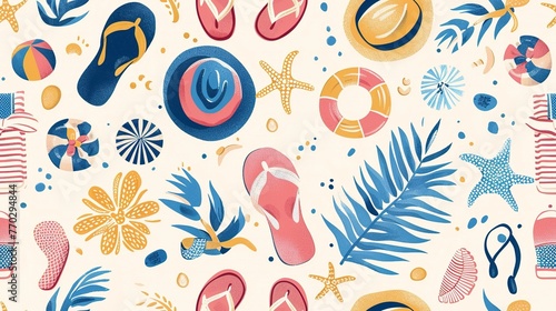 Seamless pattern of beach vacation essentials, from sun hats to flip-flops and beach balls . Seamless Pattern, Fabric Pattern, Tumbler Wrap.
