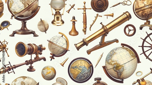 Seamless pattern of marine navigation tools, including sextants, telescopes, and old globes  . Seamless Pattern, Fabric Pattern, Tumbler Wrap. photo
