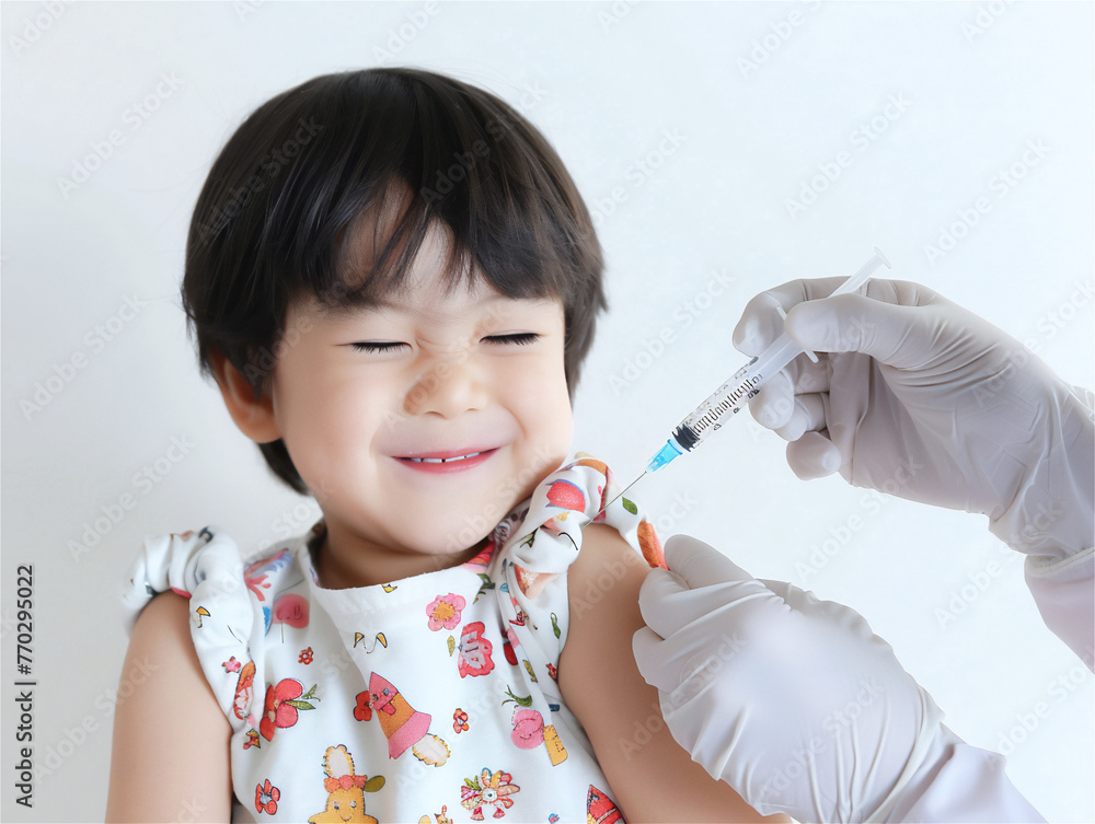 Photo of an Asian child receiving an injection in the arm at the hospital Photo of an Asian child receiving an injection in the arm at the hospital