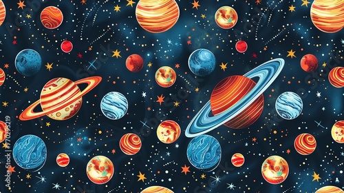 Stylized planets seamless pattern, featuring artistic interpretations of the solar system's planets . Seamless Pattern, Fabric Pattern, Tumbler Wrap.