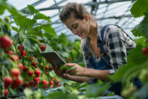 A woman joyfully inspects strawberry plants for research using a digital tablet in a farm greenhouse, a female scrutinizing strawberries in an agricultural setting
