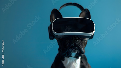 Pet dog wearing virtual reality (VR) goggles. Blue background. Space for copy. © Abas