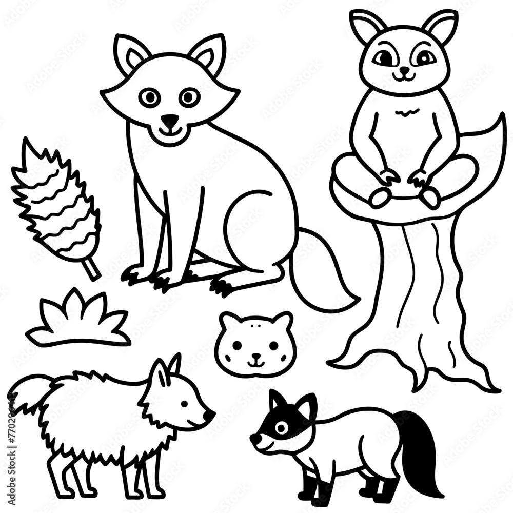 Set of   Forest  Animals Line Art Coloring Page